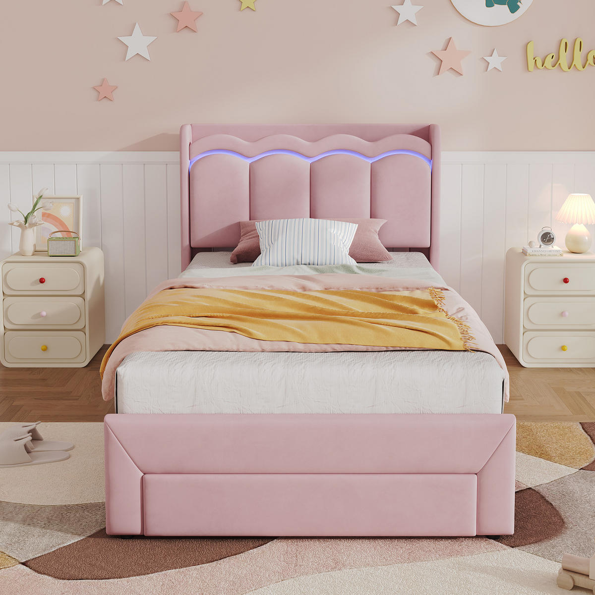 KINDER-POLSTERBETT aus Samt 90x200 cm Rosa mit Stauraumschublade und App-gesteuerter LED-Beleuchtung - Pink, Textil (90/200cm) - Modfu