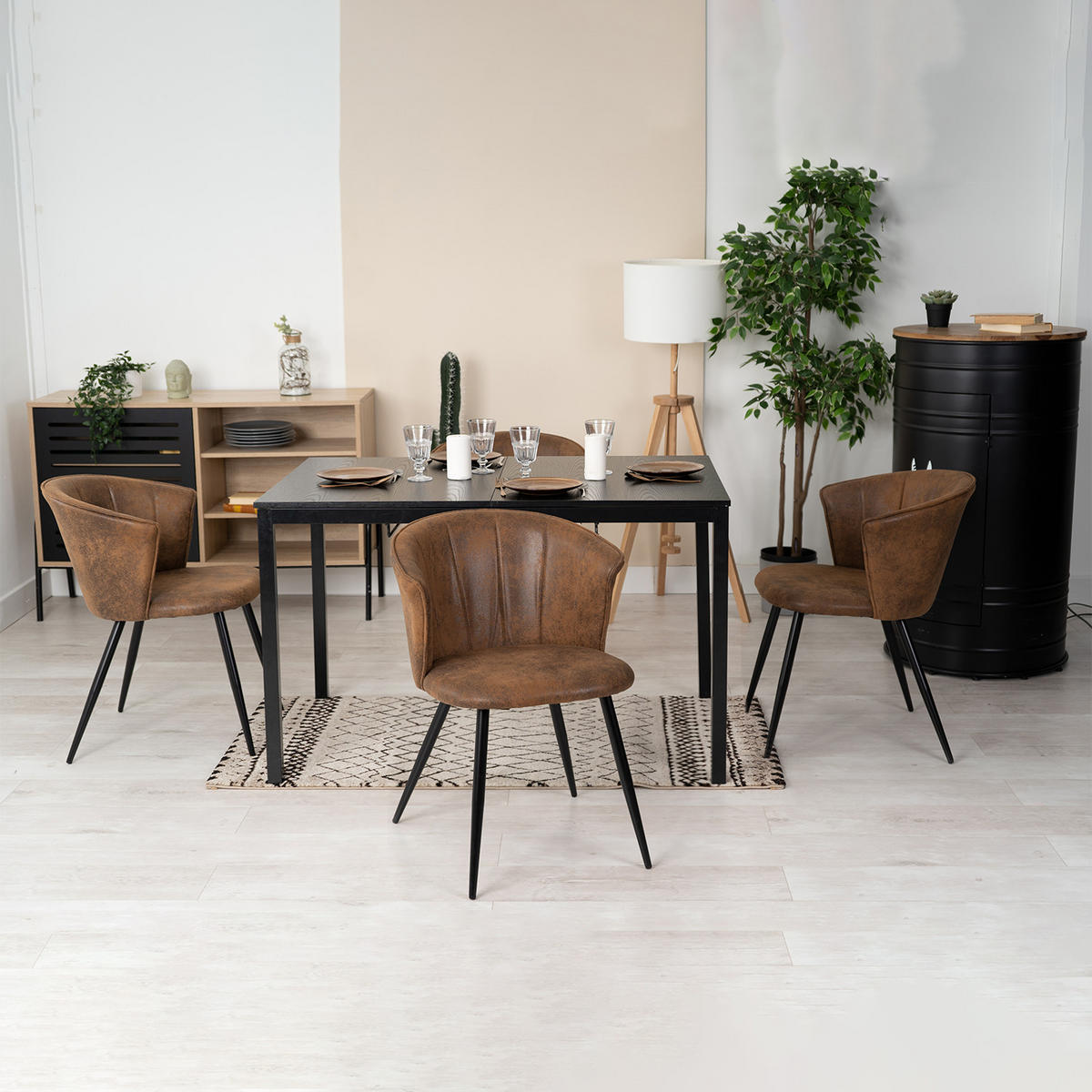 ESSTISCH-SET mit ausziehbarem Tisch und 4 Schalensesseln in Wildlederoptik, Schwarz - Multicolor, Textil (46/74.5/51cm) - Meubles Cosy