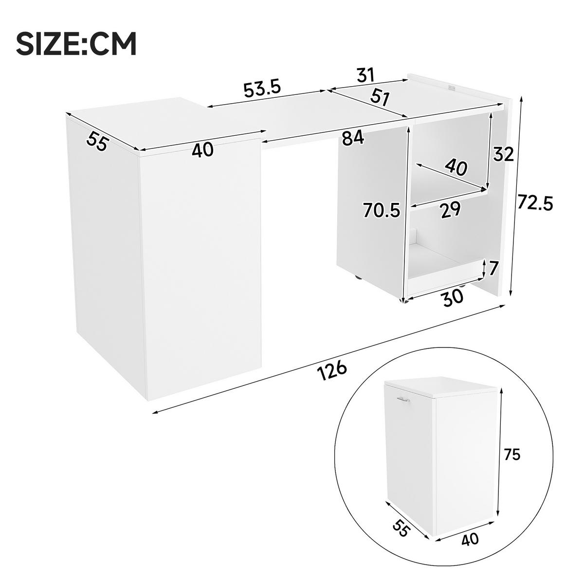 BÜROSCHREIBTISCH holzwerkstoff in weiß, 2-in-1 schrank-funktion & rollbar - Weiß, Holzwerkstoff (55/126/75cm) - Urban Meuble