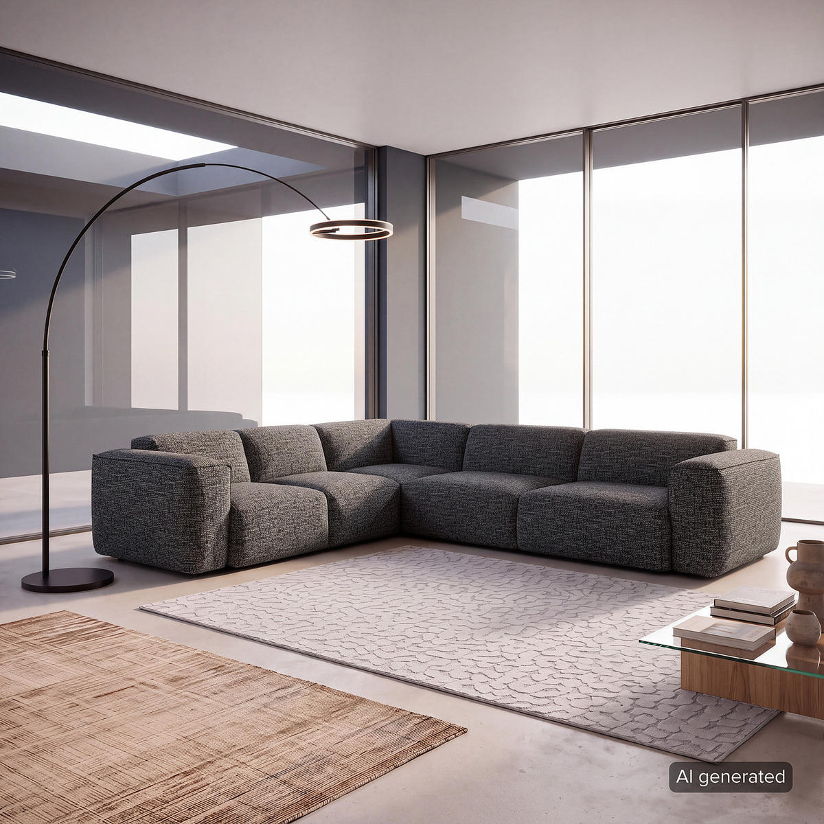 ECKSOFA mit Rundecke - Schwarz/Grau, Kunststoff/Textil (325/260cm) - home24