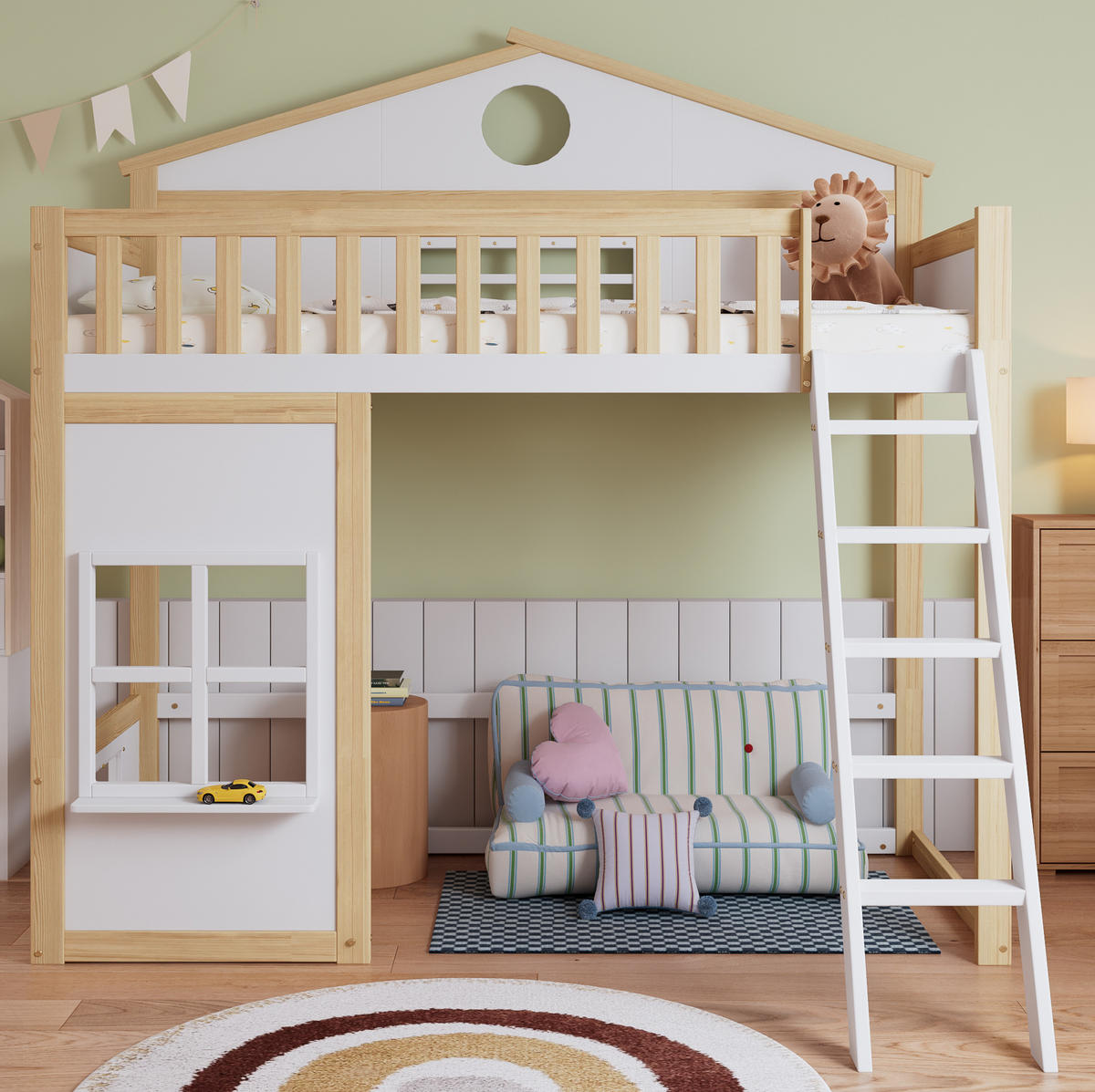 POSCHODOVÁ posteľ 90/200 cm biela/prírodná so schodíkmi, strieškou a okienkami z masívu a MDF - biela, drevo (90/200cm) - OKWISH