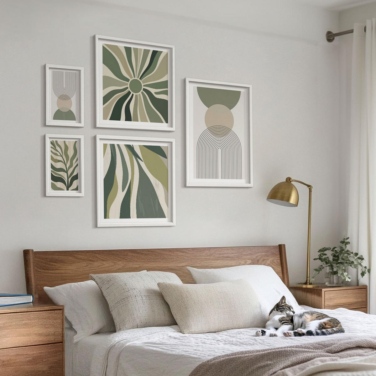 BILDER SET 5er Set - 50x50 cm & 20x30 cm & 40x60 cm Weißer Rahmen - Bemalte Blätter mit Grün - Weiß, Kunststoff (40/60cm) - TULUP