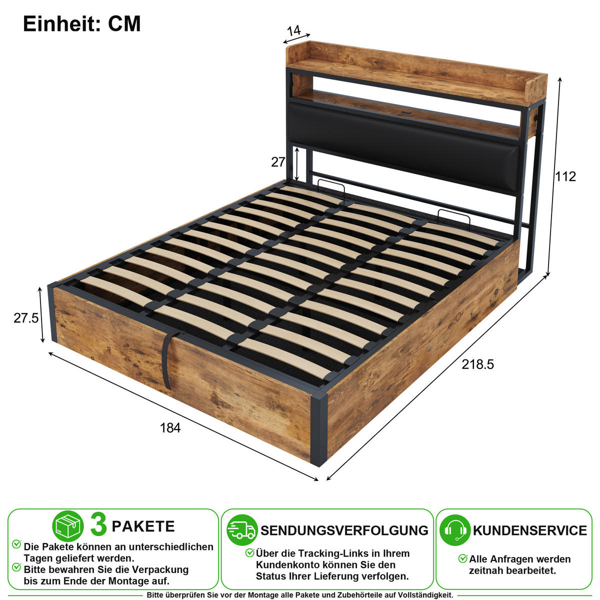 BETT 180/200 cm in Schwarz mit Bettkasten, USB und Regal Metall & Holz - Schwarz, Holzwerkstoff/Textil (180/200cm) - CHICFURN