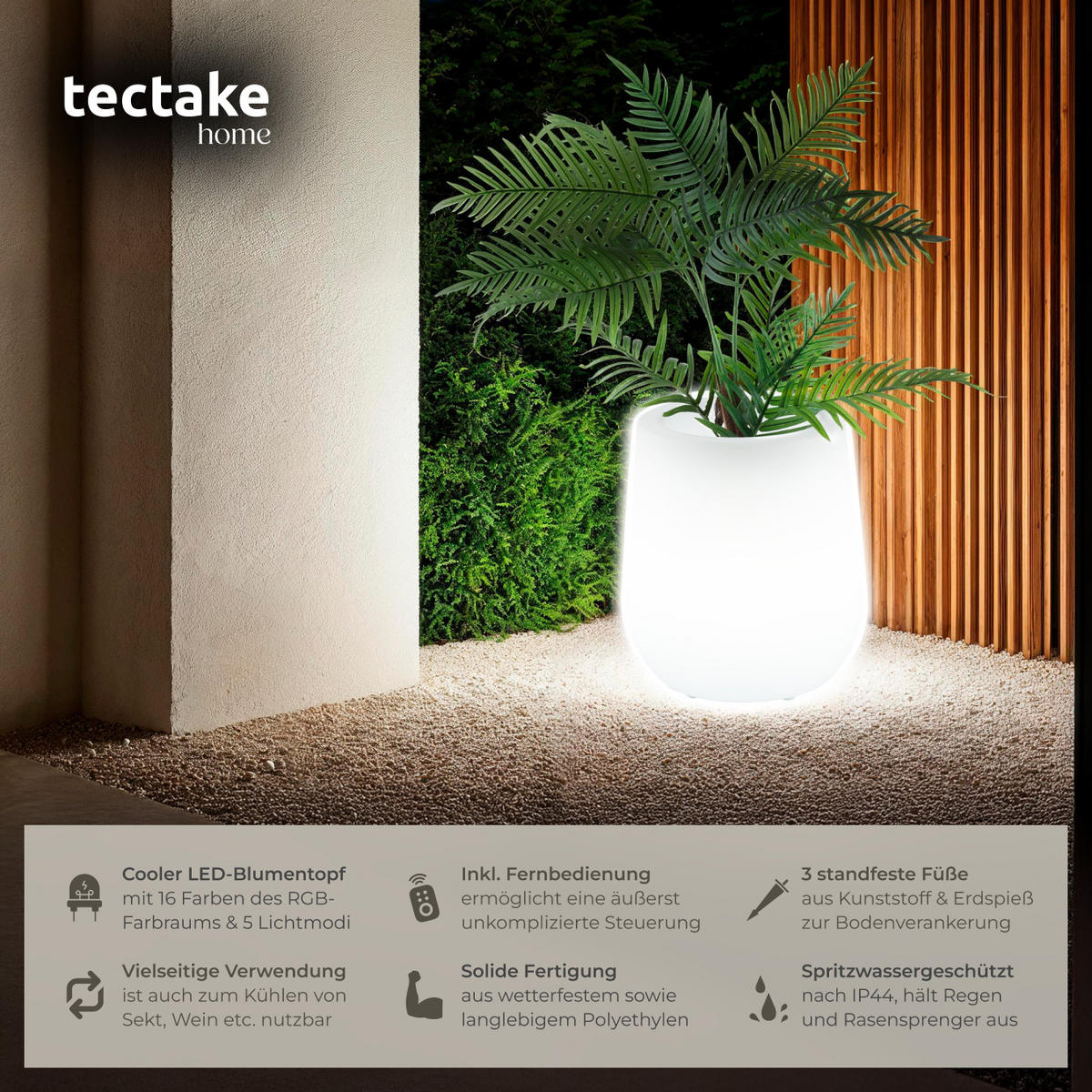 LED-BLUMENTOPF Luminous Courve Pot,38 x 44 cm, inkl. Erdspieß und 3 Standfüße,weiß - Weiß, Kunststoff (38/44/38cm) - tectake