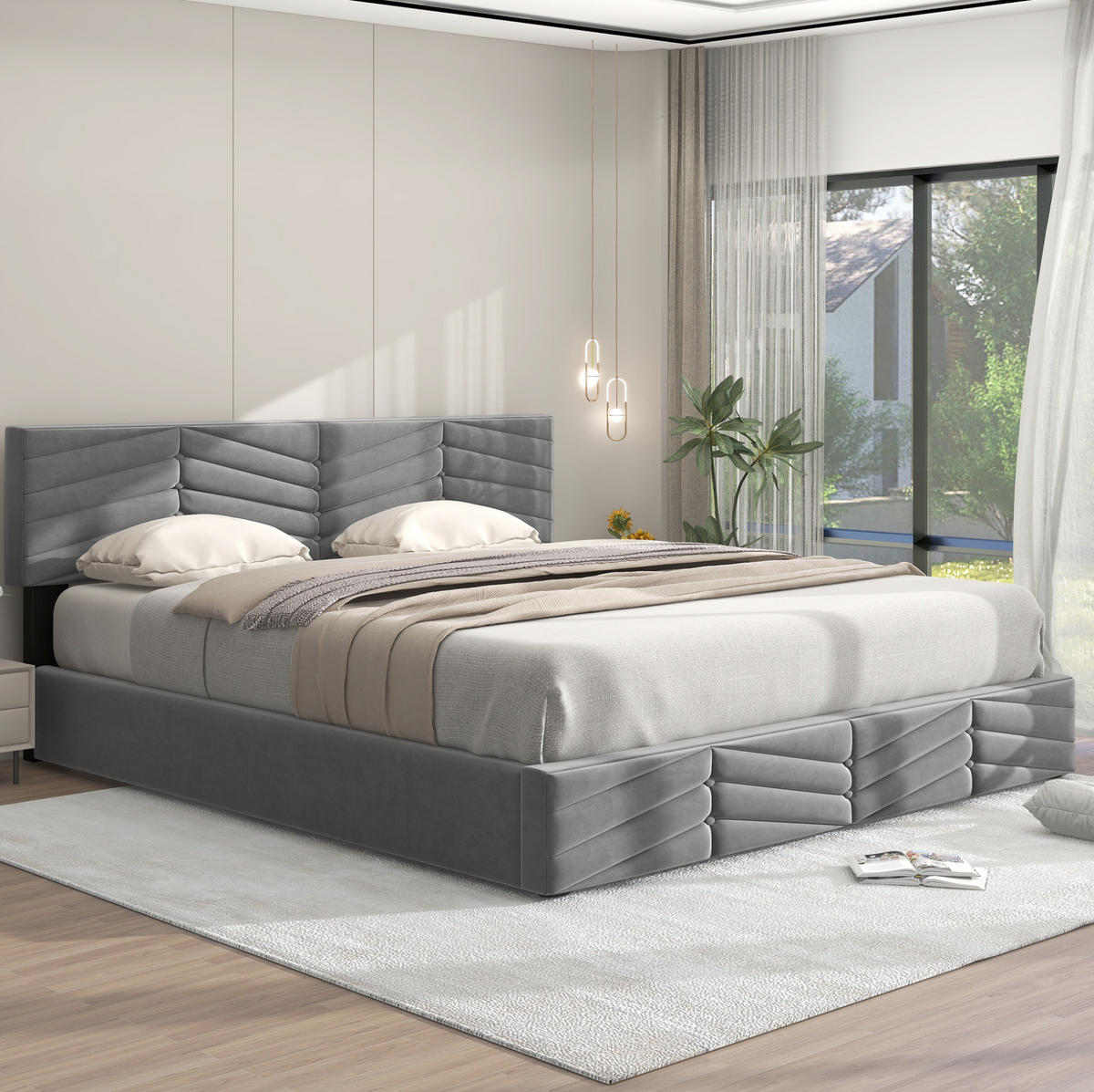 TAPECIRANI krevet 180/200 cm sivi od baršuna s podesivim uzglavljem i spremištem - siva, tekstil (180/200cm) - OKWISH