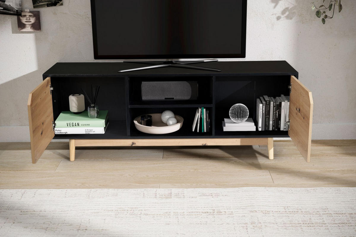 TV-LOWBOARD mit Eiche-Dekor, 2 Türen, modern, Schwarz-Beige 150x40x55 cm - Eichefarben/Schwarz, Holz (150/55/40cm) - KADIMA DESIGN
