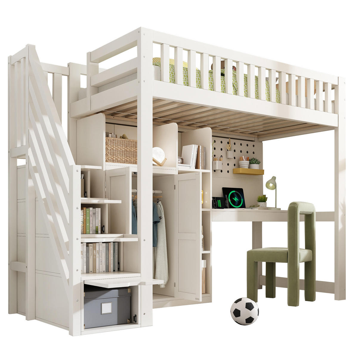 HOCHBETT 90/200 cm aus Holz mit Schreibtisch, Kleiderschrank und Leiterschrank Weiß - Weiß, Holz (90/200cm) - Modenvie