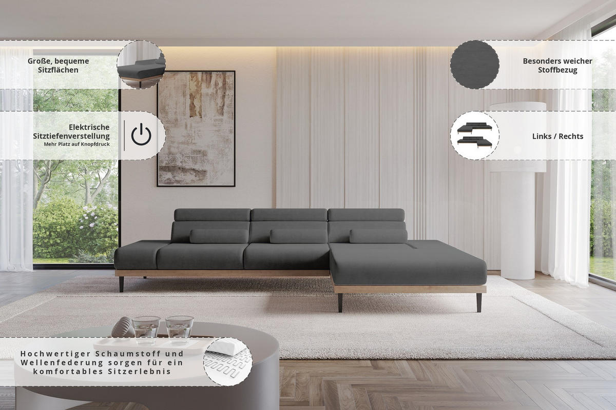 ELEKTRISCHES ECKSOFA Rechts MONA 316x205x85 Dunkelgrau Velours - Anthrazit, Holzwerkstoff/Textil (316/205cm) - ALTDECOR