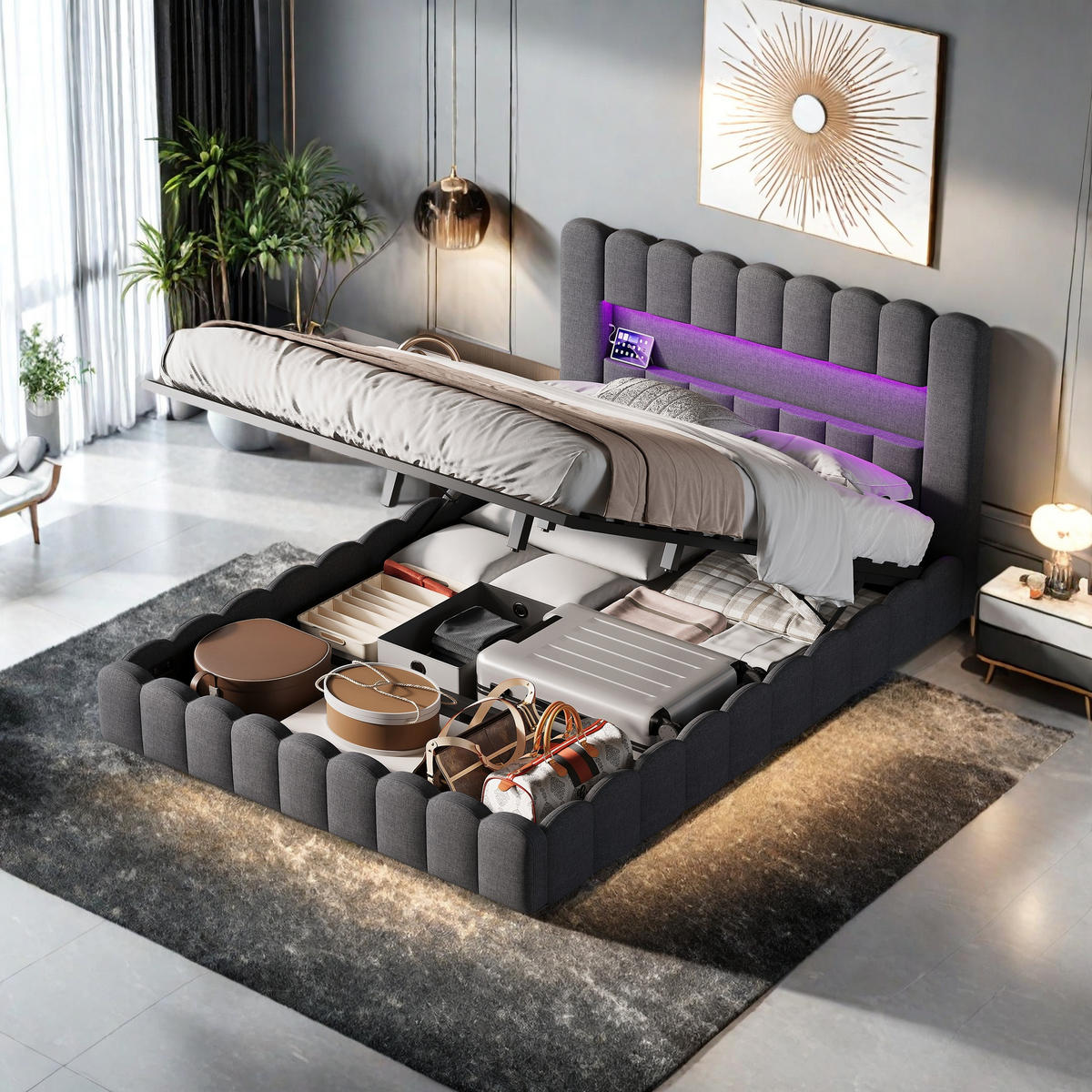 POLSTERBETT 180x200 cm Grau Leinen LED USB Bettkasten - Grau, Metall - SHOPENTRA