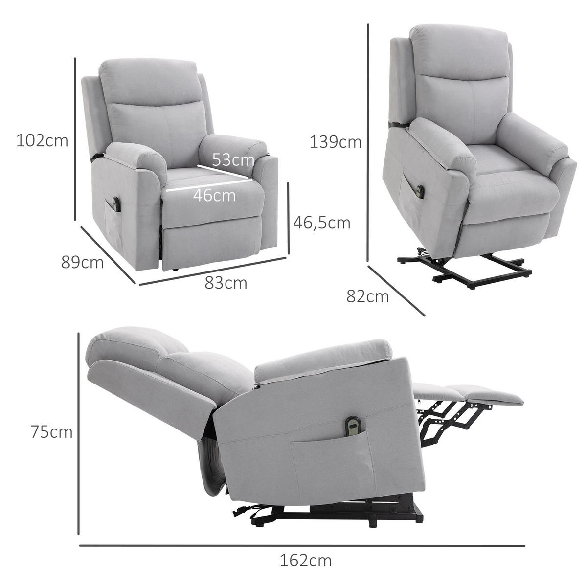 FERNSEHSESSEL mit Aufstehhilfe, Hellgrau - Hellgrau/Schwarz, Textil/Metall (89/102/83cm) - HOMCOM