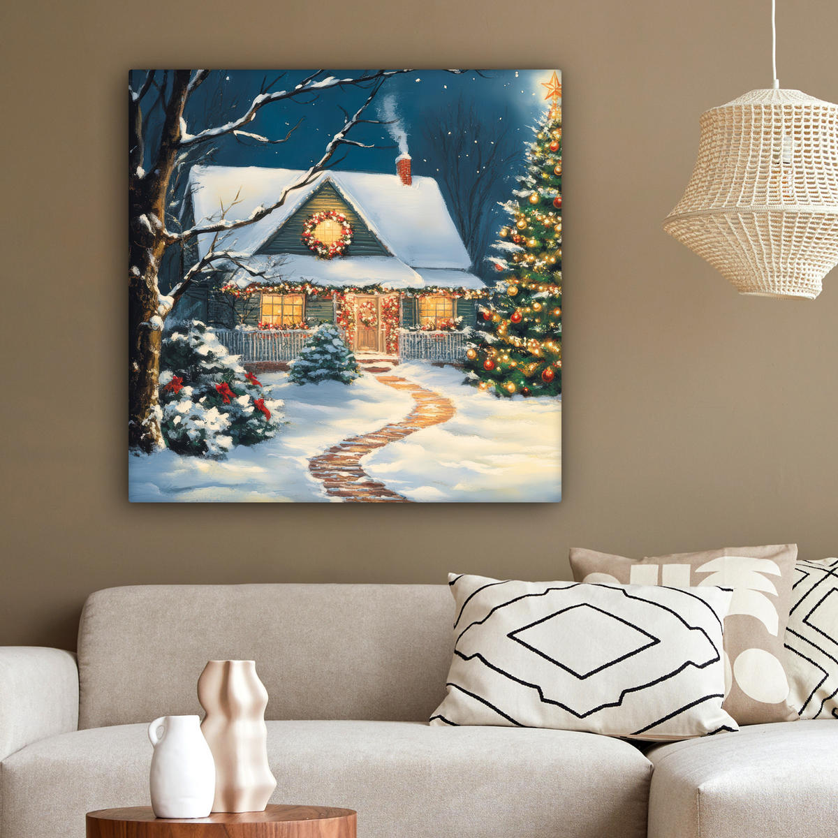 LEINWANDBILD Weihnachten - Weihnachtsbaum - Winter - Zuhause - Schnee 90x90 cm - Smaragdgrün, Textil (90/90cm) - MuchoWow