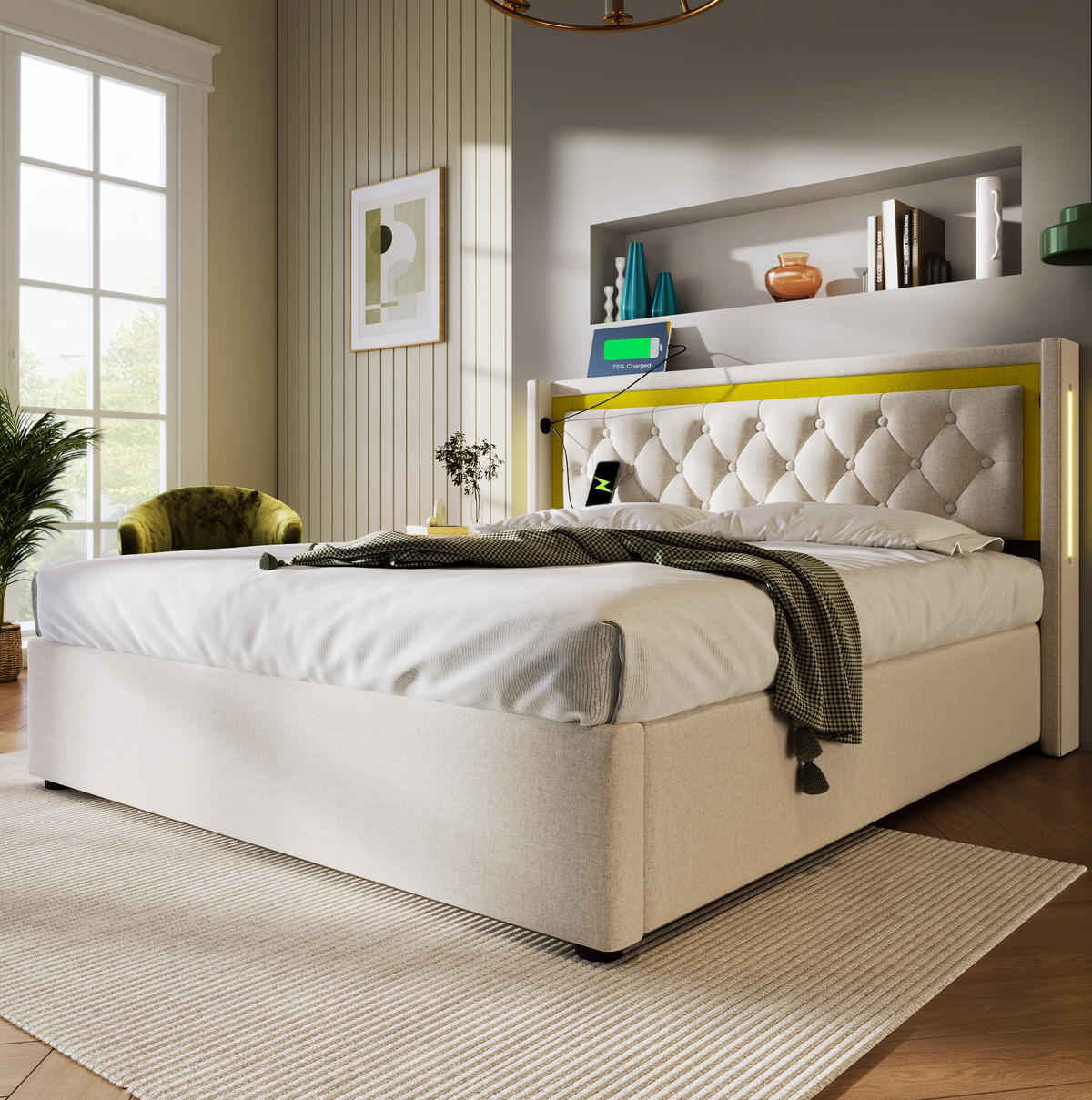 POLSTERBETT 160/200 cm Beige LED mit Stauraum und USB-Anschlüssen - Beige, Textil (160/200cm) - OKWISH