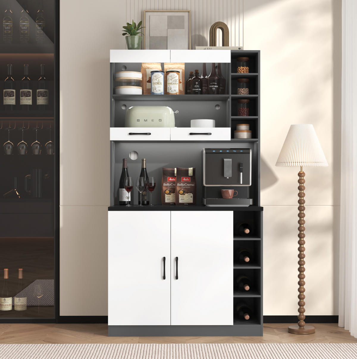 KÜCHENSCHRANK aus MDF 100x47x187 cm Grau/Weiß mit LED-Beleuchtung und Mikrowellenfach - Weiß, Holzwerkstoff (100/187/47cm) - IVMEU