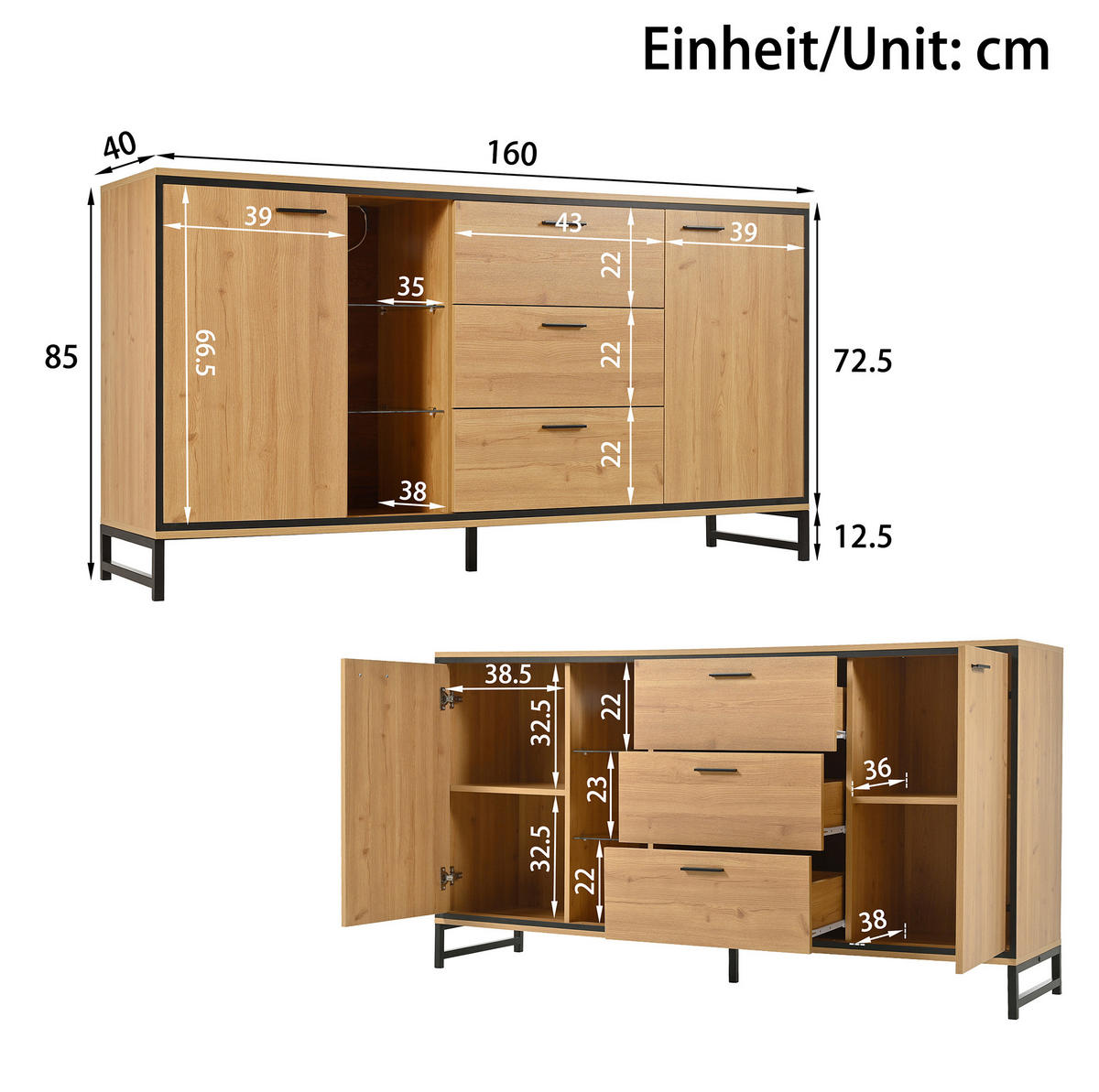 SIDEBOARD 160/40/85 cm in Natur mit LED-Beleuchtung und Glaselementen - Naturfarben, Holzwerkstoff (160/85/40cm) - Flora Grace