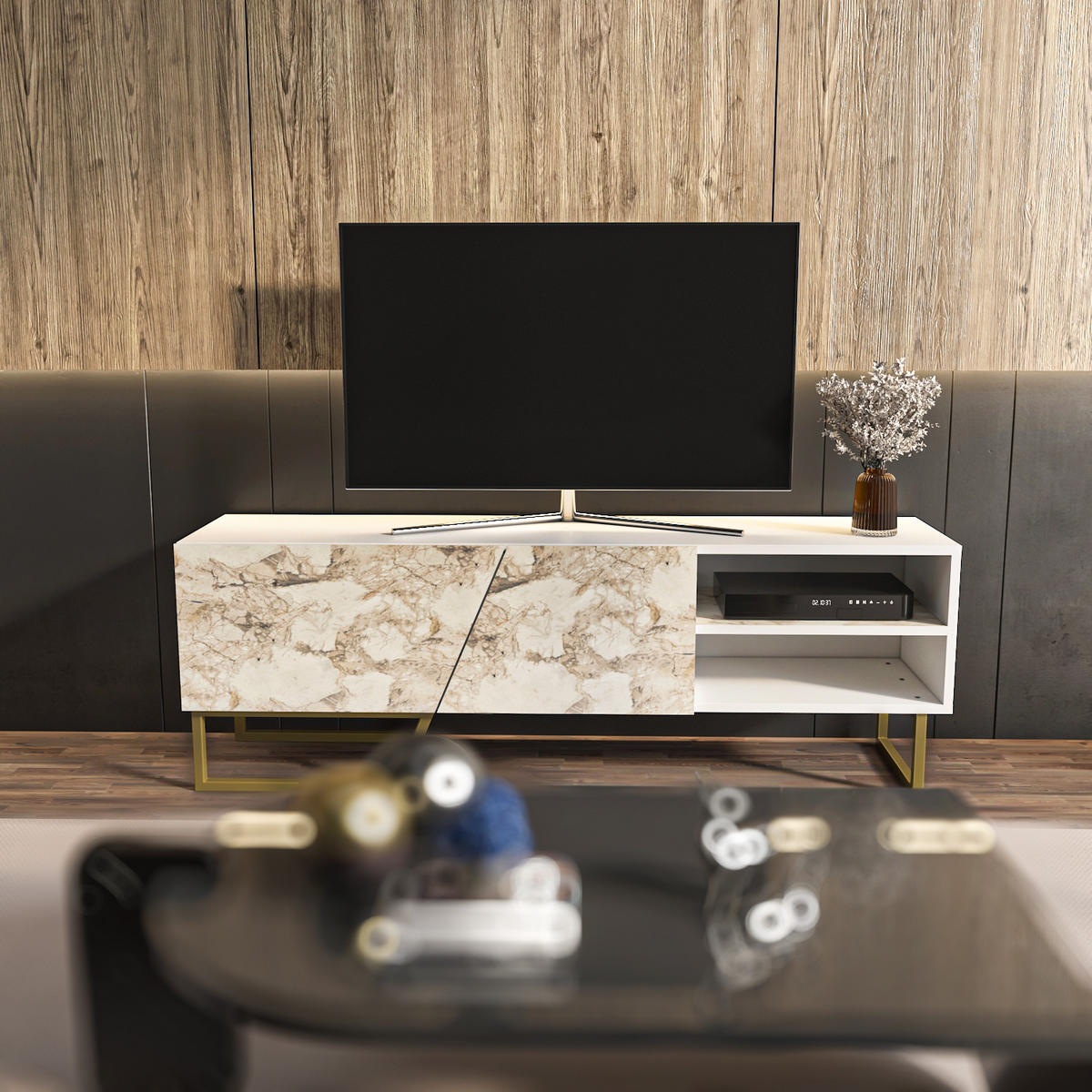 TV-ELEMENT Denasse Weiß Gold - Goldfarben/Weiß, Holzwerkstoff (150/50.5/35cm) - Decorotika