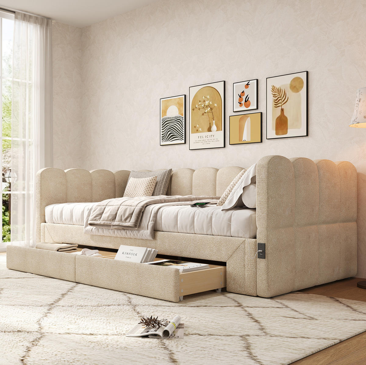POLSTERBETT 90/180x200 cm Beige aus Chenille mit 2 Schubladen und USB - Beige, Textil (90/200cm) - Flora Grace