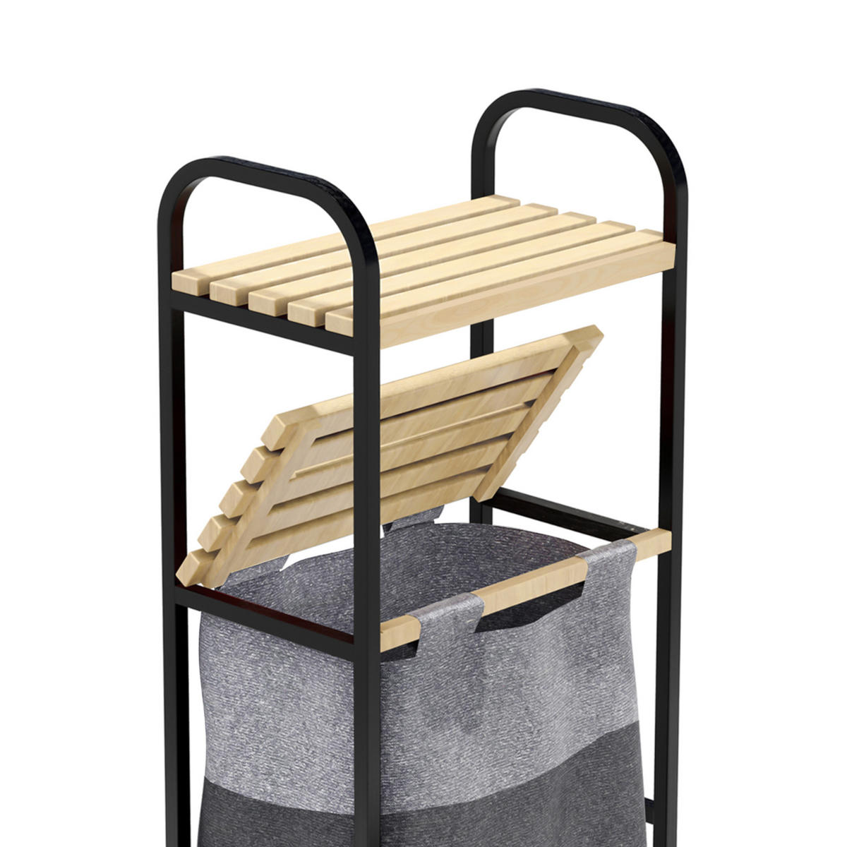 BADEZIMMERREGAL Pello mit Wäschetasche - Schwarz/Naturfarben, Holz/Textil (39/100/22cm) - [en.casa]