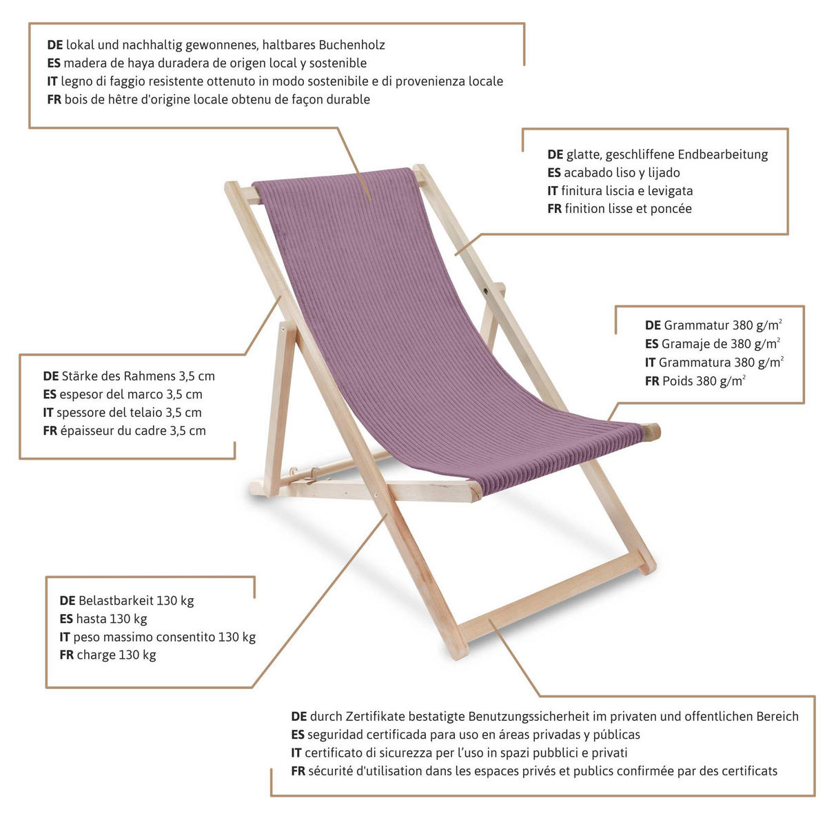 HOLZLIEGESTUHL klappbar Buchenholz Cord-Gewebe Plum Smoothie M - Violett, Holz/Textil (54/85/92cm) - Dreamroots