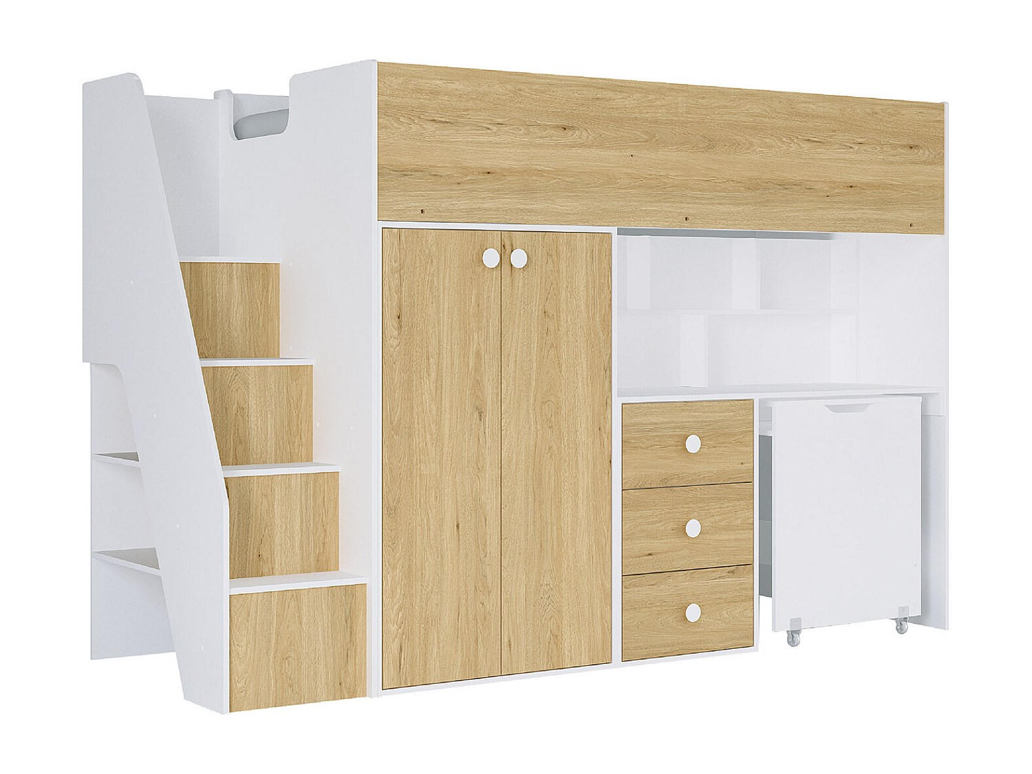 HOCHBETT mit Kleiderschrank & Schreibtisch - 90 x 190 cm - Weiß & Holzfarben - LANILATO - Naturfarben, Holz (97.5/235.1cm) - Vente-Unique