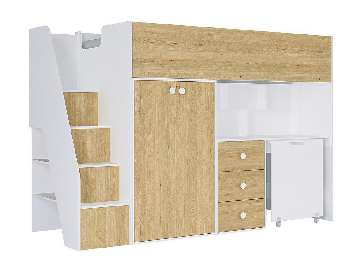 HOCHBETT mit Kleiderschrank & Schreibtisch + Matratze - 90 x 190 cm - Weiß & Holzfarben - LANILATO - Naturfarben, Holz (97.5/235.1cm) - Vente-Unique