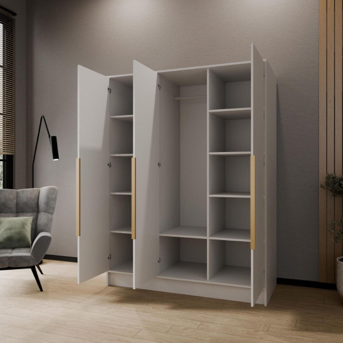 SCHRANK Weiß ORTO Glatt Ohne Spiegel Mit Goldenen Griffen 150 g - Goldfarben/Weiß, Holzwerkstoff (150/200/51cm) - Sepro Meble