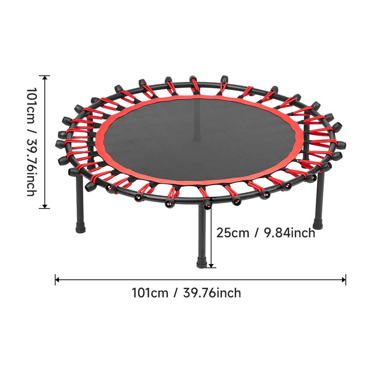 40-ZOLL-RUNDTRAMPOLIN mit Gummiseilen aus Stahl, Oxford-Gewebe, Gummiseile in Schwarz Rot Langlebig und sicher Stabil und leise 25 x 101 x 101cm - Schwarz, Metall (101/101cm) - Livingandhome