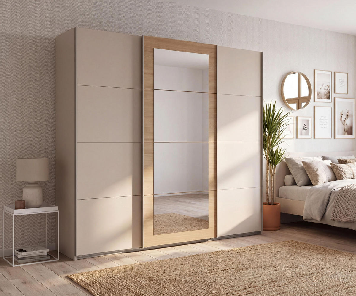 SCHWEBETÜRENSCHRANK 3-türig B225/H208/64 cm Kleiderschrank in Beige Grau, Spiegel umrahmt in Eiche Natur, Griffe Beige Grau / 22625 - Beige, Holzwerkstoff/Metall (225/208/64cm) - luma-home