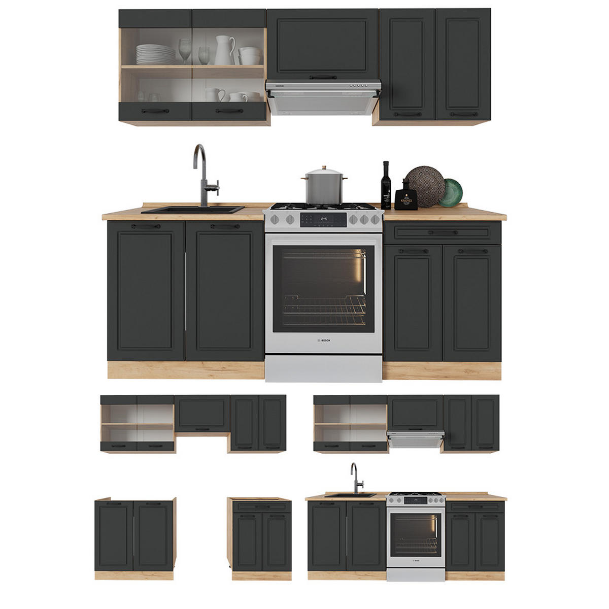 KUCHYŇSKÝ KOUT R-Line Antracitový venkovský dům/zlatý dub - medově dubová/antracitová, kompozitní dřevo (200/81.6/46cm) - Vicco