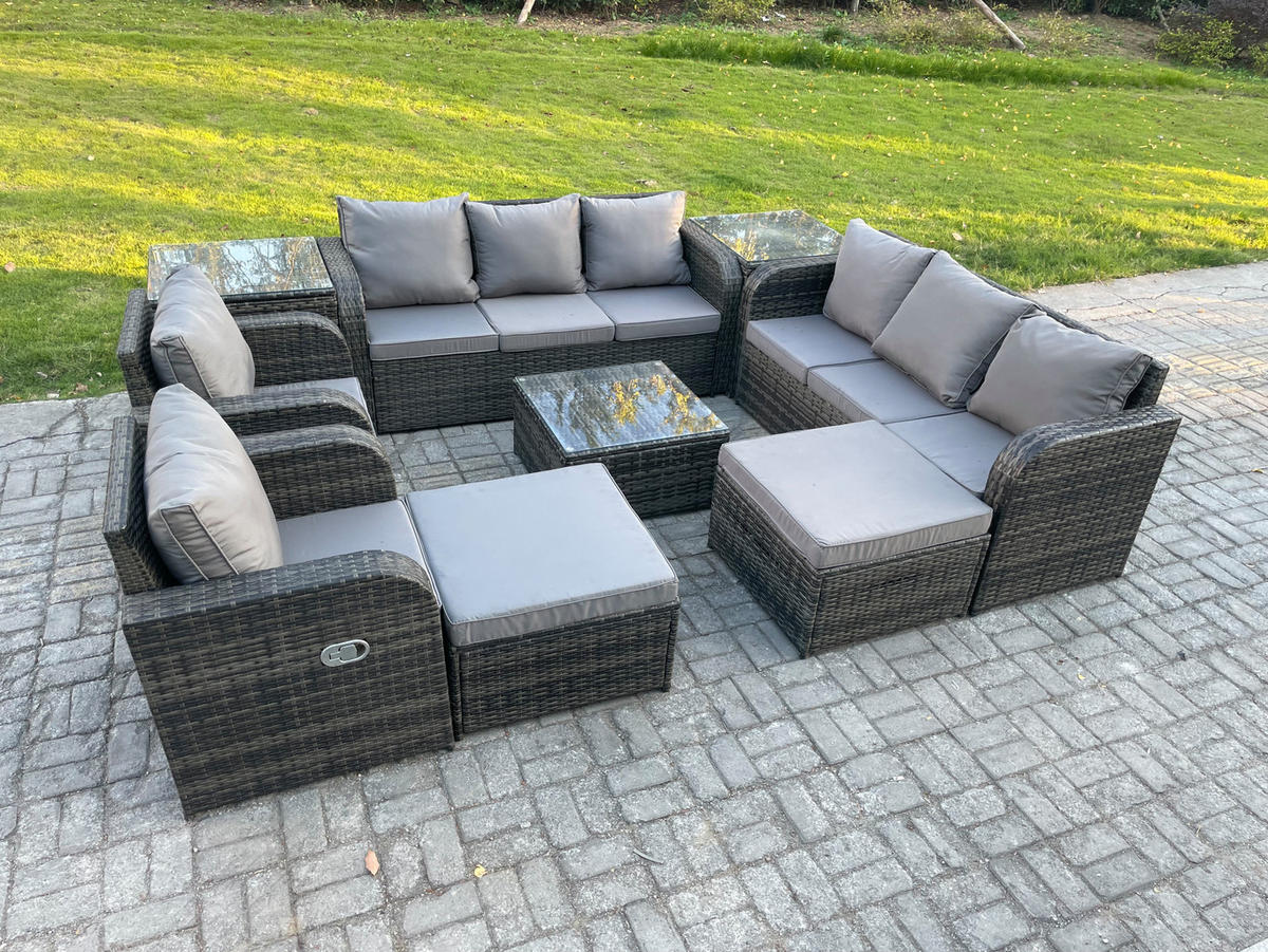 GARTENTISCHGRUPPE Polyrattan Dunkelgrau 9-teilige - Dunkelgrau/Grau, Glas/Kunststoff - Fimous