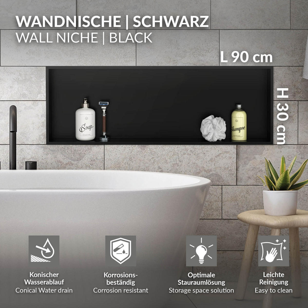 DUSCHNISCHE Schwarz 90/30 cm - Schwarz, Metall (90/30/10cm) - LuxeBath