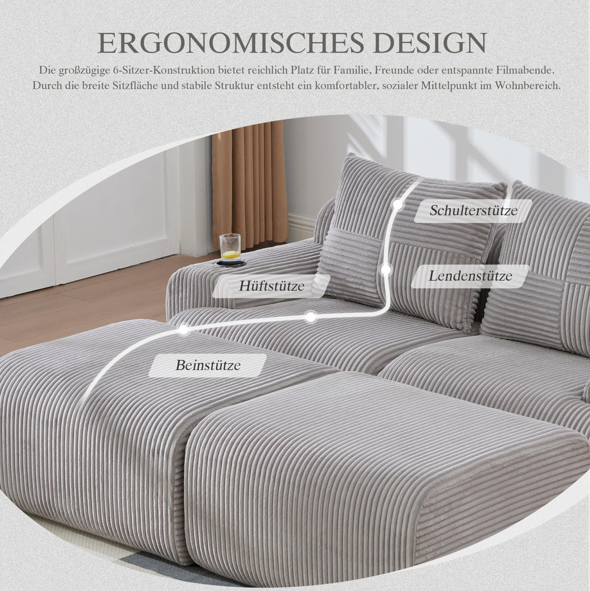 MODULARES 2-Sitzer Sofa Cord mit Getränkehalter und Seitentasche 200/174/80 cm Hellgrau - Hellgrau, Textil (174/80/200cm) - Redom