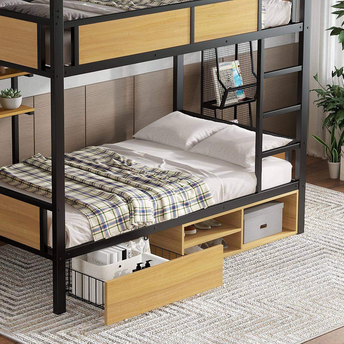 ETAGENBETT 90/200 cm & 90/200 cm in Schwarz & Natur mit Schubladen, Stauraum und Ablagen - Schwarz, Holzwerkstoff/Metall (90/200cm) - STILVORA