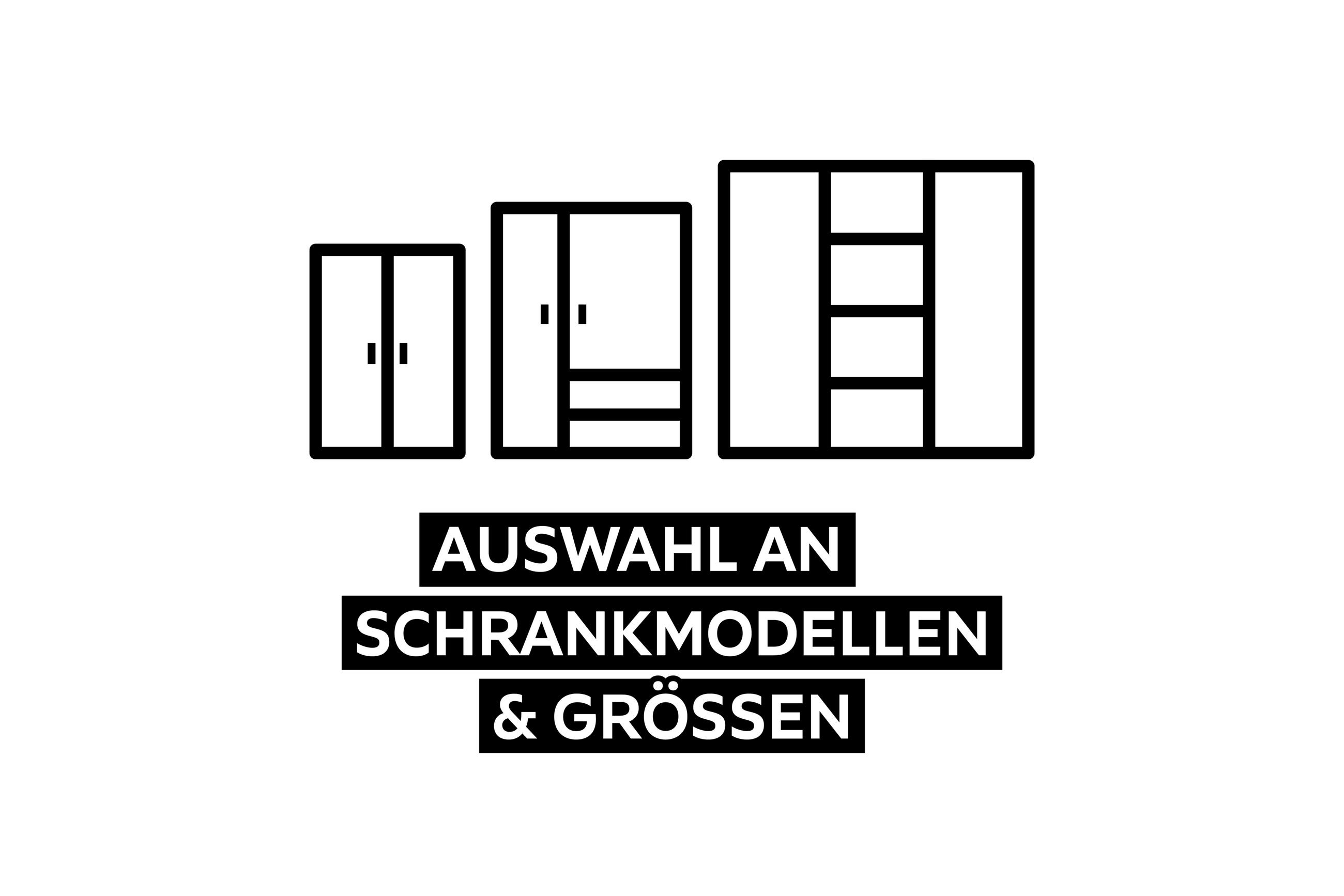 Weißer Text AUSWAHL AN SCHRANKMODELLEN & GRÖSSEN auf schwarzem Hintergrund
