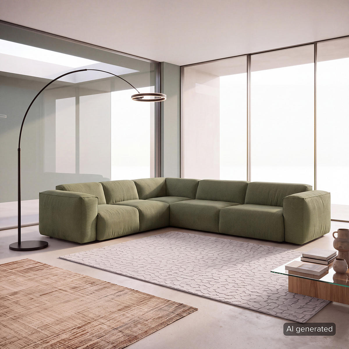 ECKSOFA mit Rundecke - Dunkelgrün/Schwarz, Kunststoff/Textil (325/260cm) - home24