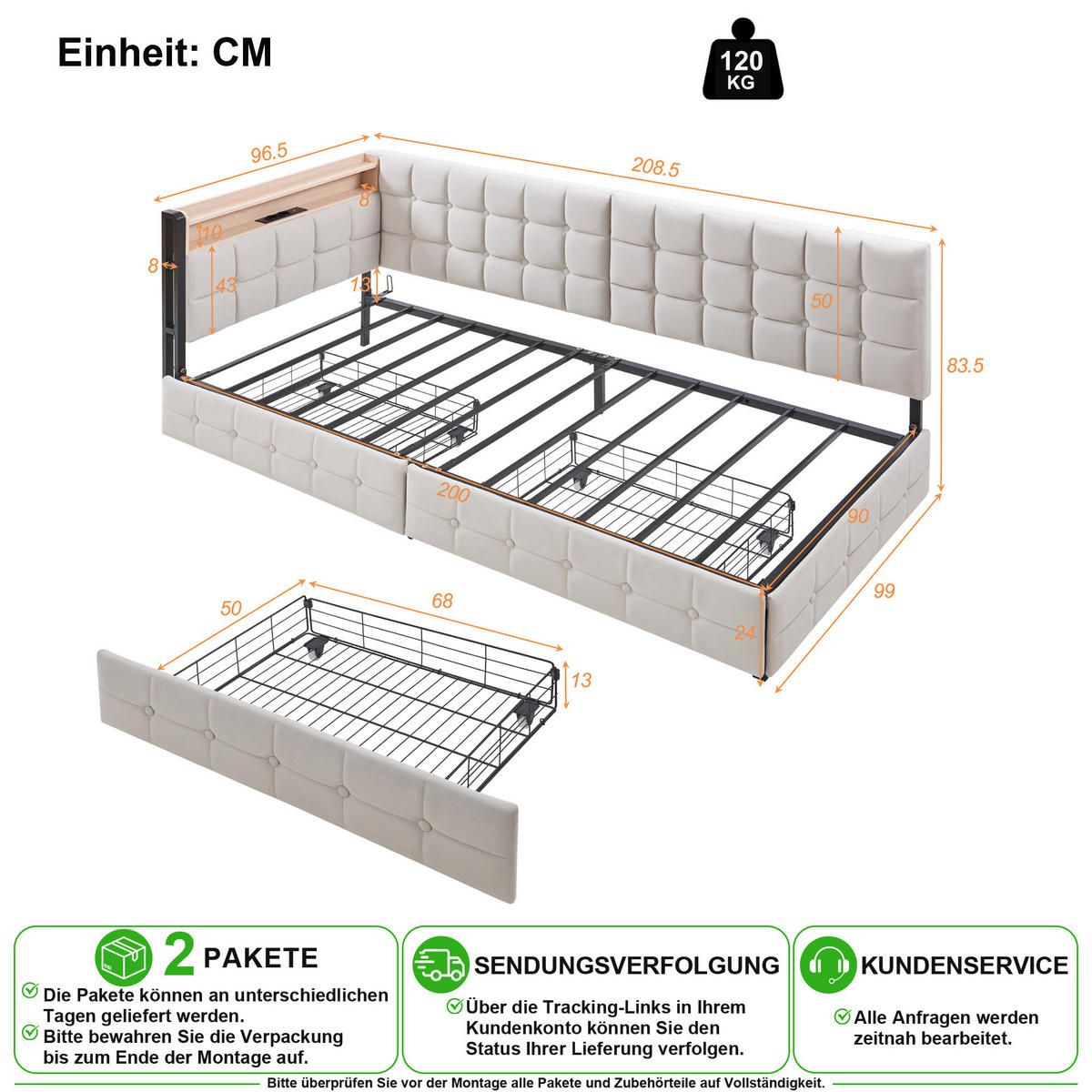 SCHLAFSOFA 90/200 cm in Beige mit 2 Schubladen, LED und USB - Beige, Holzwerkstoff/Textil (90/200cm) - CHICFURN
