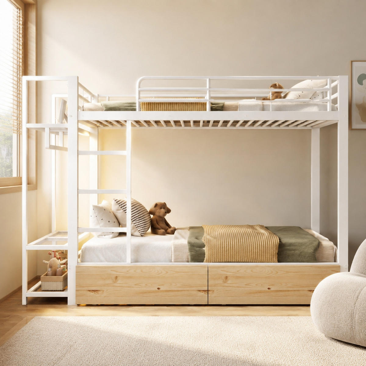 ETAGENBETT 90/200 mit LED, Schubladen, Regalen und Kleiderstange in Weiß - Weiß, Holzwerkstoff/Metall (90/200cm) - EVRYAE