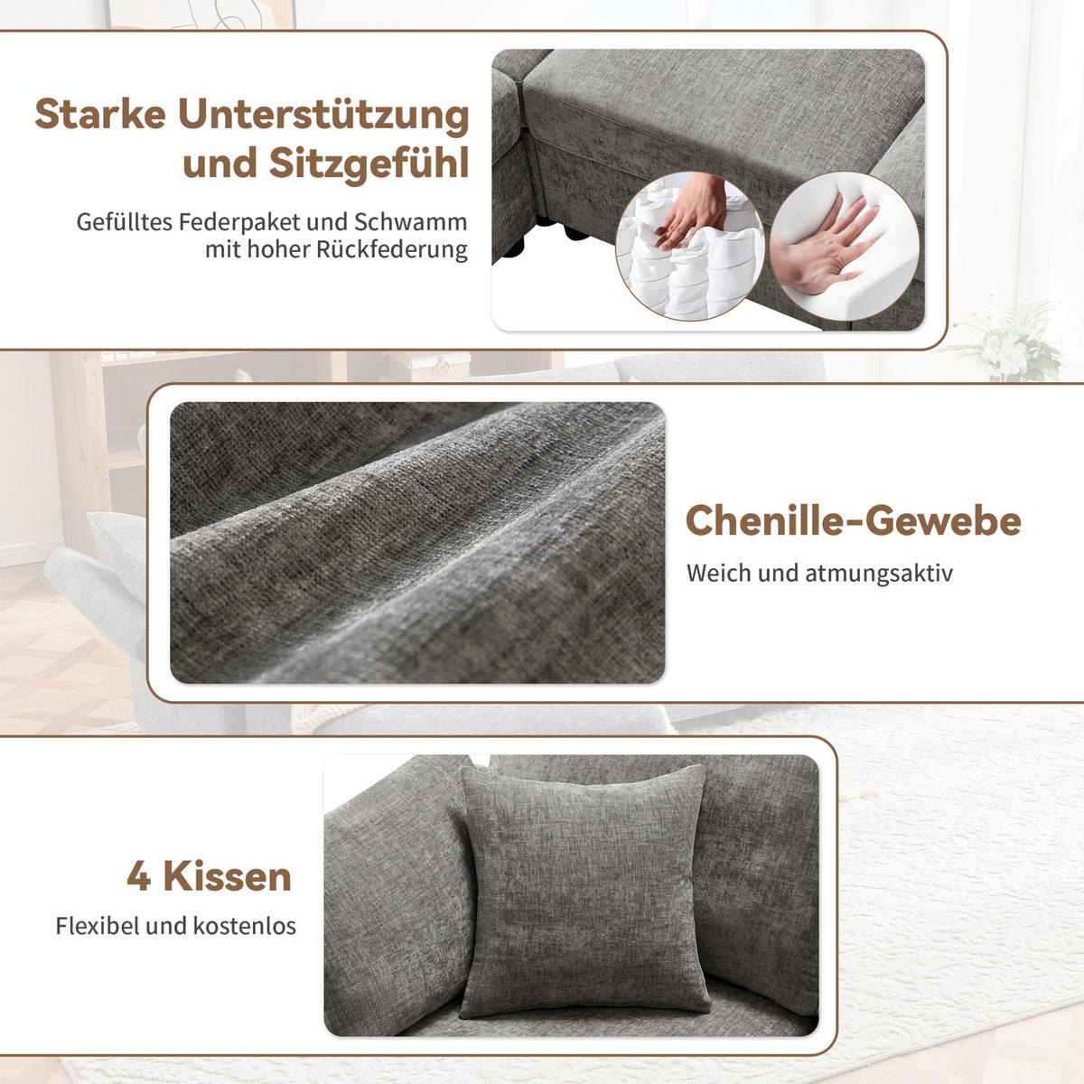 ECKSOFA, Chenille mit verstellbaren Armlehnen & Hocker, 218/156,5/86 cm, Grau - Grau, Textil (156.5/218cm) - Redom