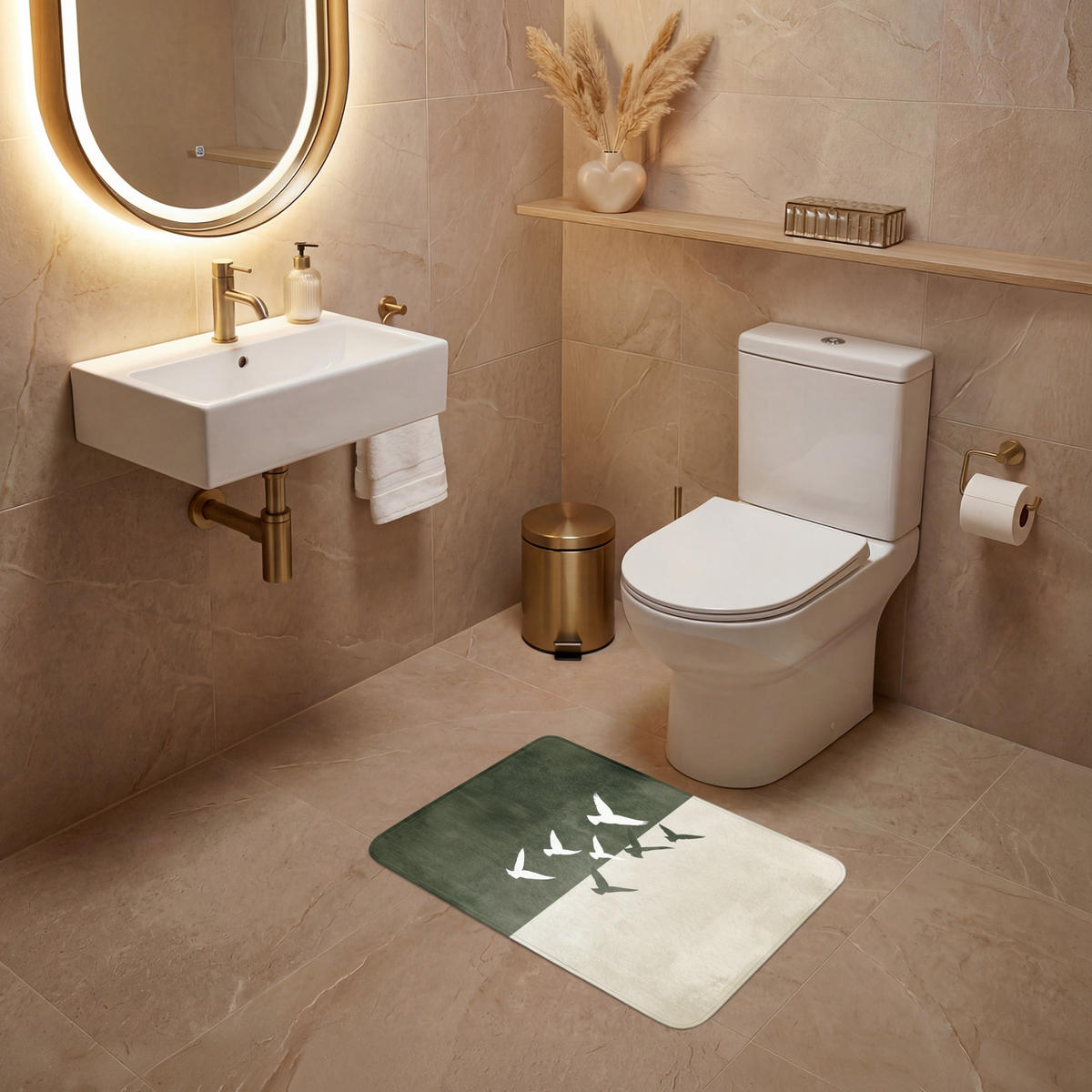 WC PŘEDLOŽKA Japandi - Pták - Zelený 60x40 cm - olivově zelená, textil/plast (60/1cm) - OnlyWow