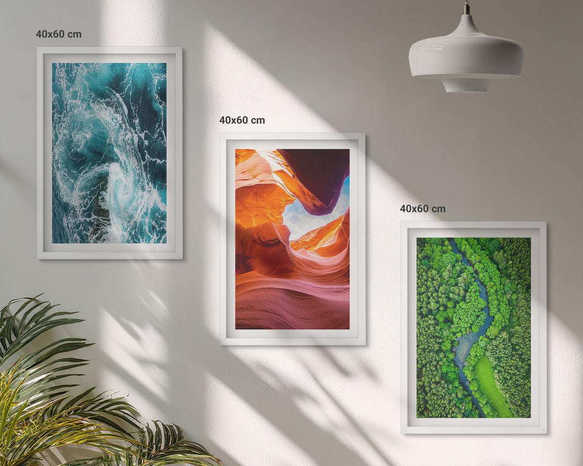 BILDER SET 3er Set - 40x60 cm Weißer Rahmen - Wasserbewegung Canyon grüner Wald - Weiß, Kunststoff (40/60cm) - TULUP