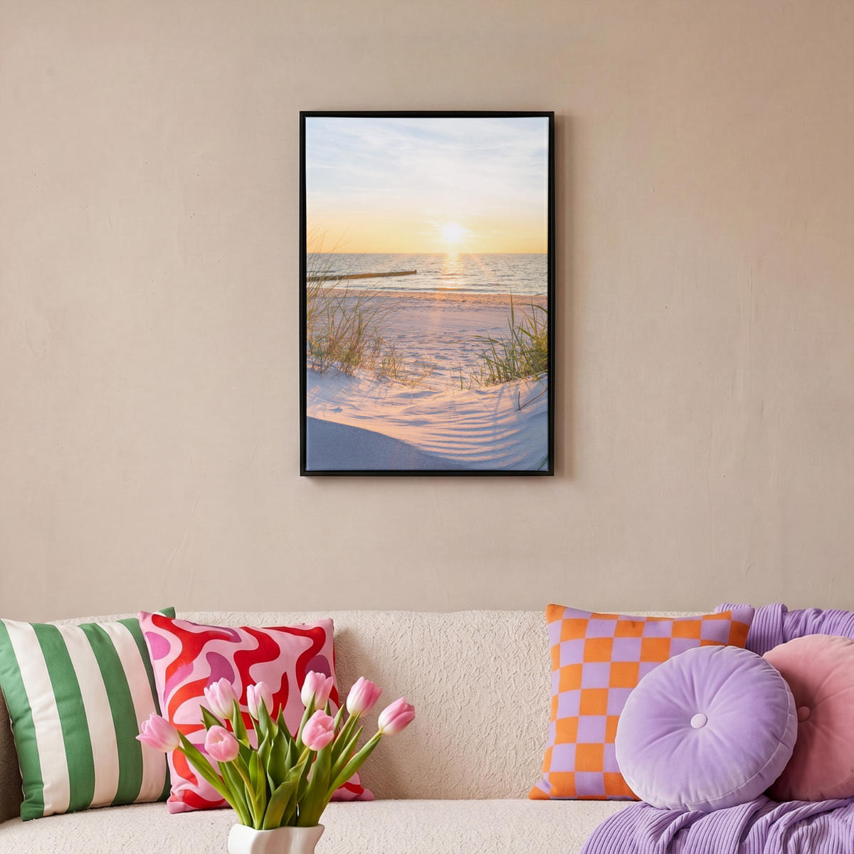 LEINWAND Bilder mit Rahmen - Strand - Sonne - Düne - Gras - Sand - Horizont - 40x60 - Hellblau, Textil (40/60cm) - MuchoWow