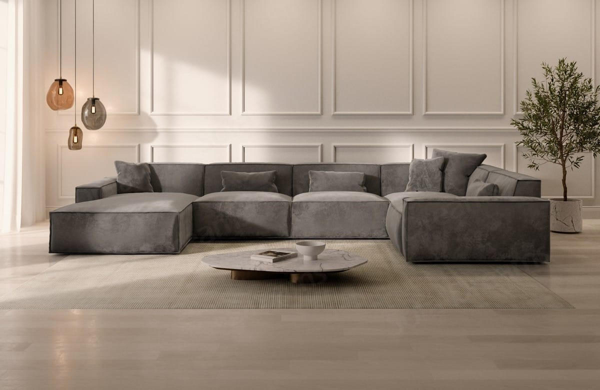 WOHNLANDSCHAFT Beluga Dunkelgrau Samtstoff - Dunkelgrau, Kunststoff (313/73/181cm)