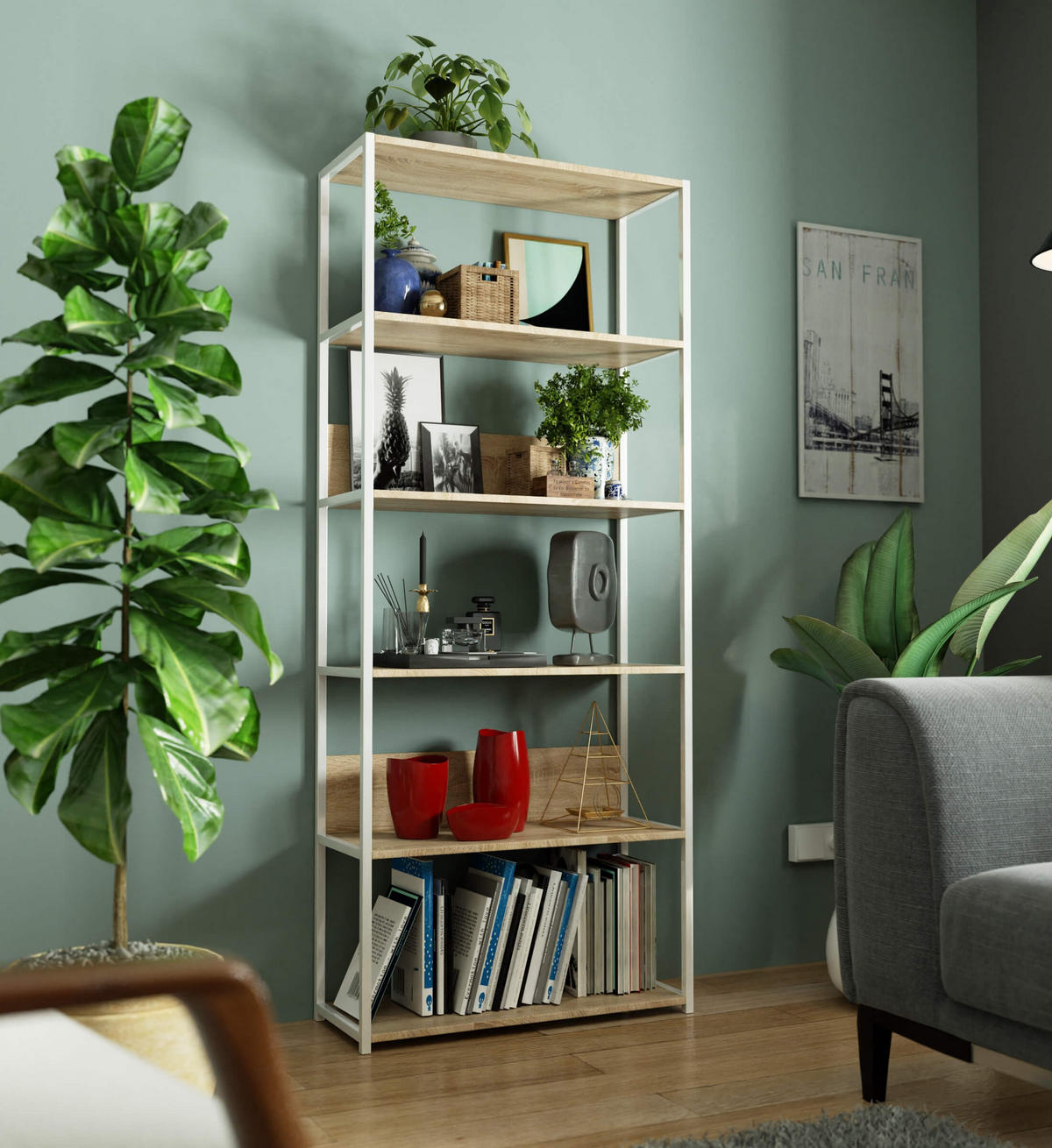 LOFT-REGAL Weiß, Sonoma Eiche 80x192x32 cm - Weiß/Sonoma Eiche, Holzwerkstoff/Metall (80/192/32cm) - Akord