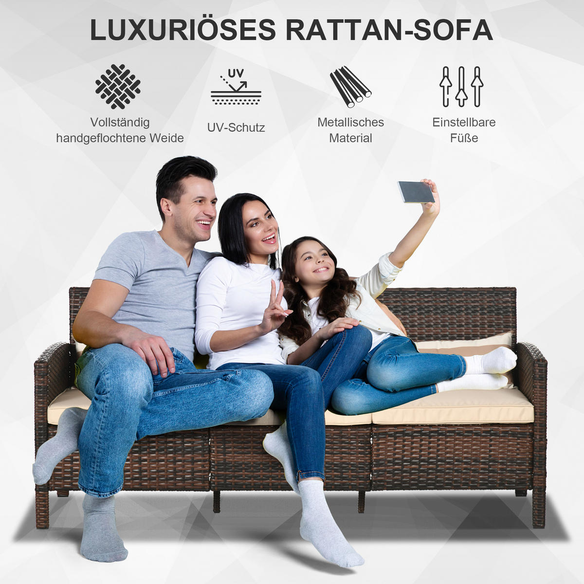 RATTAN Sofa mit Kissen, Dreisitzer, Garten Loungesofa, Stahl, Braun - Braun, Metall (68/78/173cm) - Outsunny
