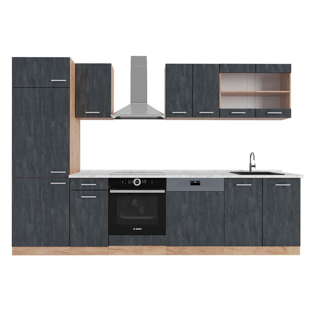 KÜCHE R-Line Schwarz Beton/Goldkraft Eiche 300 cm AP Marmor - Eiche Wotan/Schwarz, Holzwerkstoff (300/81.6/60cm) - Vicco