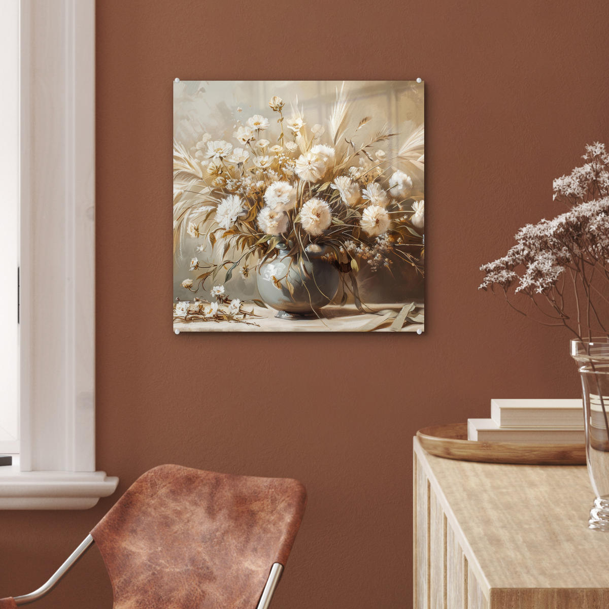 ACRYLGLASBILD Blumen - Vase - Stilleben - Beige 50x50 cm - Creme, Glas (50/50cm) - MuchoWow