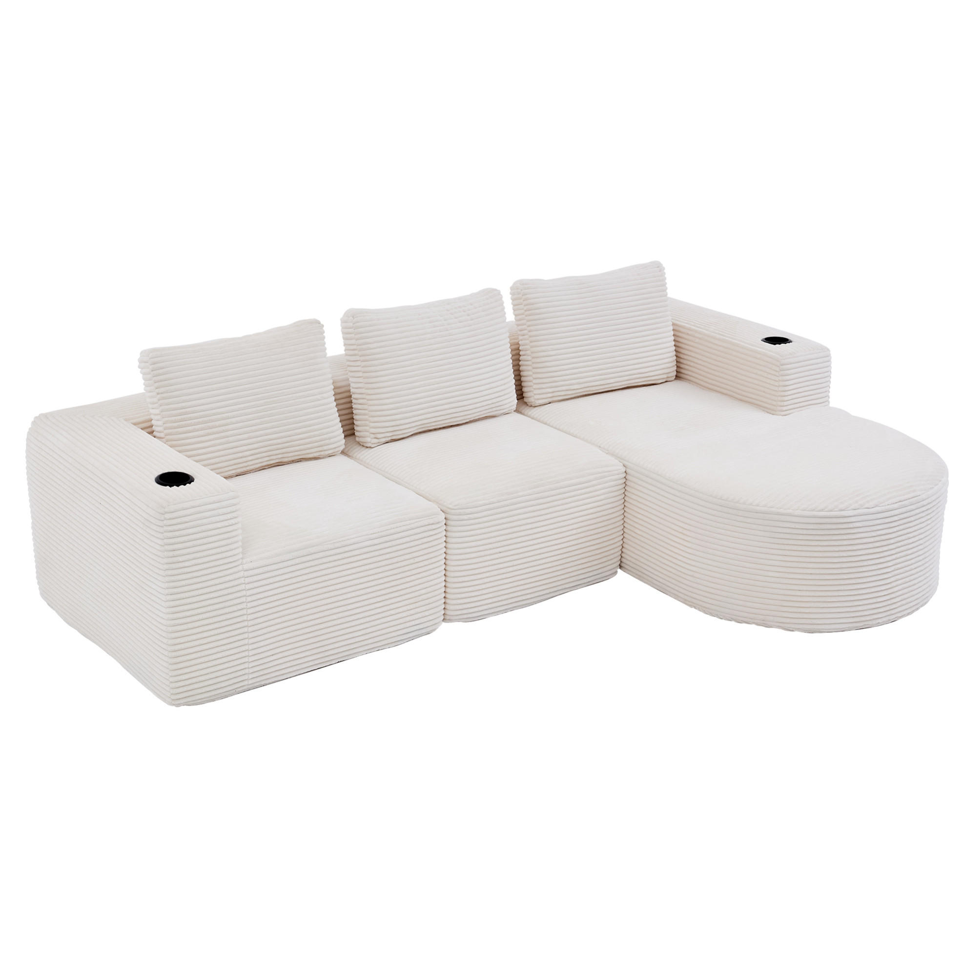 SOFA für kleine Räume Beige mit 3 Kissen und 2 Becherhaltern - Beige, Textil (176/265cm) - Meubliv