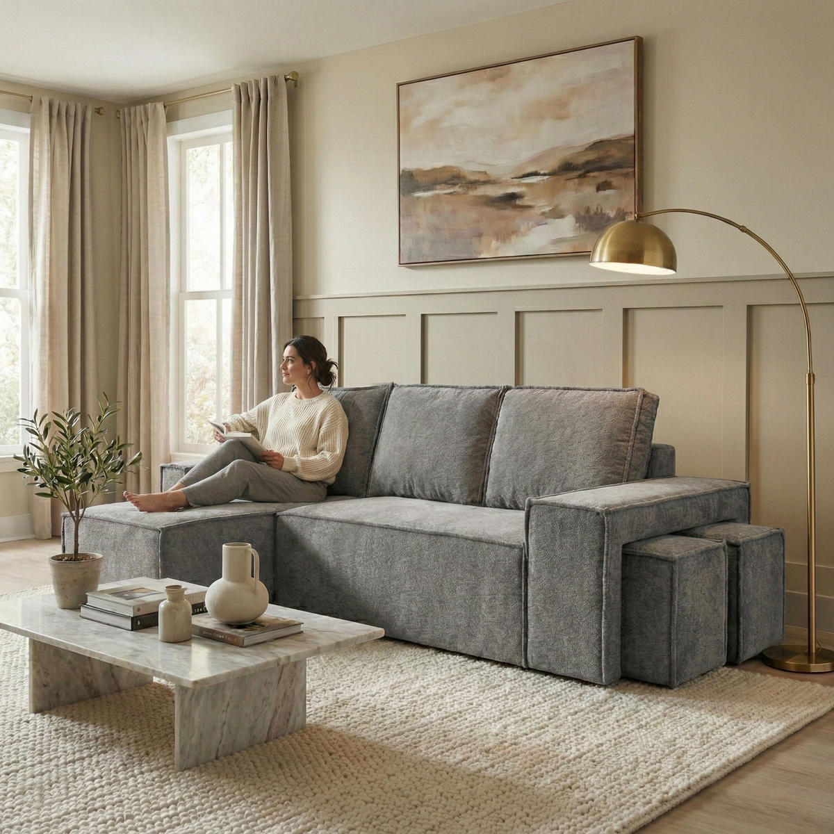 ECKSCHLAFSOFA Colby mit Schlaffunktion und zwei Hockern, universeller Ottomane, Grau - Grau, Textil (265/155cm) - Beautysofa