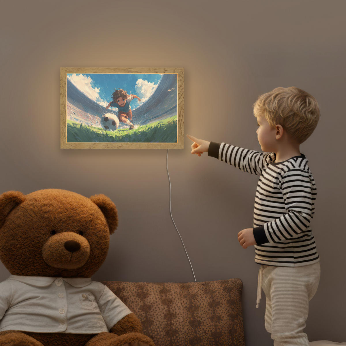 NACHTTISCHLAMPE Stadion - Fußballer - Ball 30x20 cm - Blau, Holzwerkstoff (8/30/20cm)