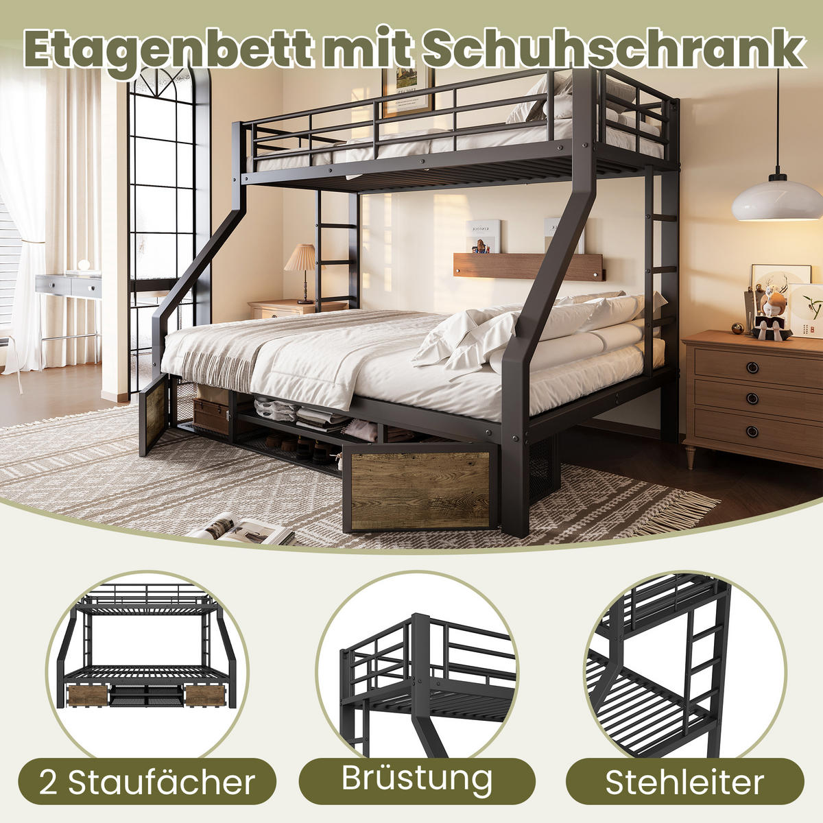 ETAGENBETT 90x200cm + 140x200cm Schwarz Kinderbett Schuhschrank EN747 - Schwarz, Metall (140/200cm) - FLIEKS