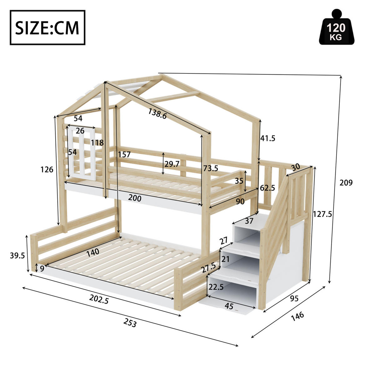 ETAGENBETT mit Stauraumtreppe 90x200/140x200 cm Kiefernholz Natur - Braun, Holzwerkstoff (140/200cm) - Beauniv